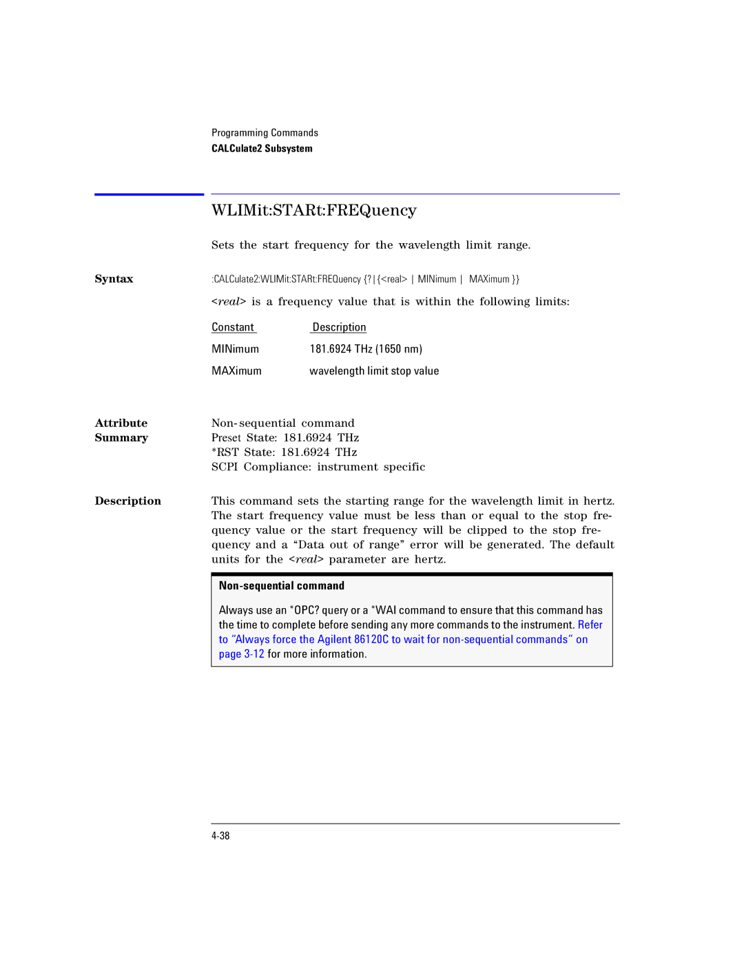 Agilent Technologies Agilent 86120C manual WLIMitSTARtFREQuency, 3-12for more information 