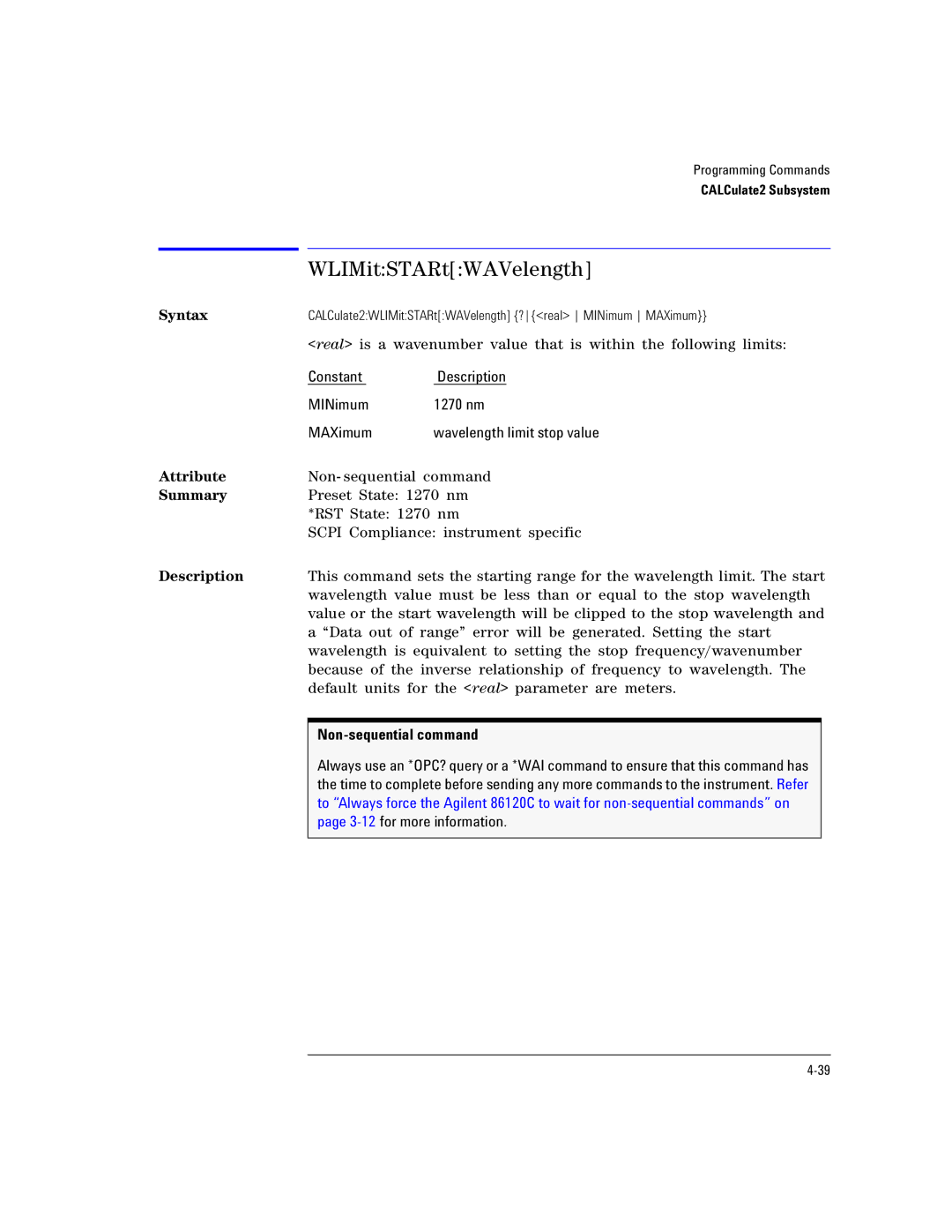 Agilent Technologies Agilent 86120C manual WLIMitSTARtWAVelength 