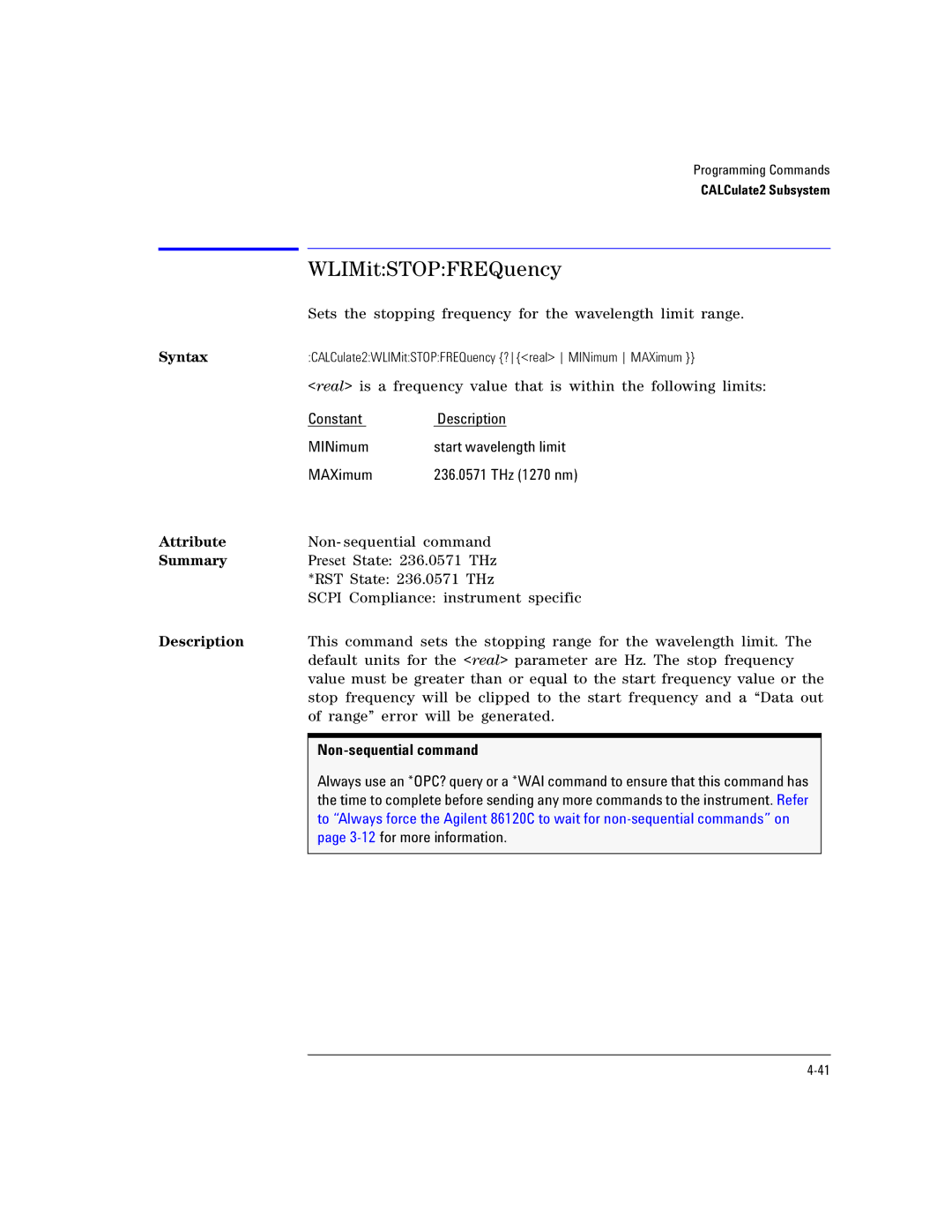 Agilent Technologies Agilent 86120C manual WLIMitSTOPFREQuency 