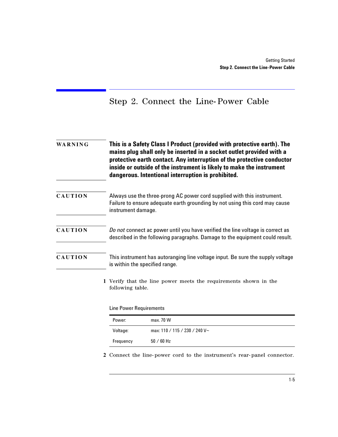 Agilent Technologies Agilent 86120C manual Connect the Line- Power Cable, Line Power Requirements 