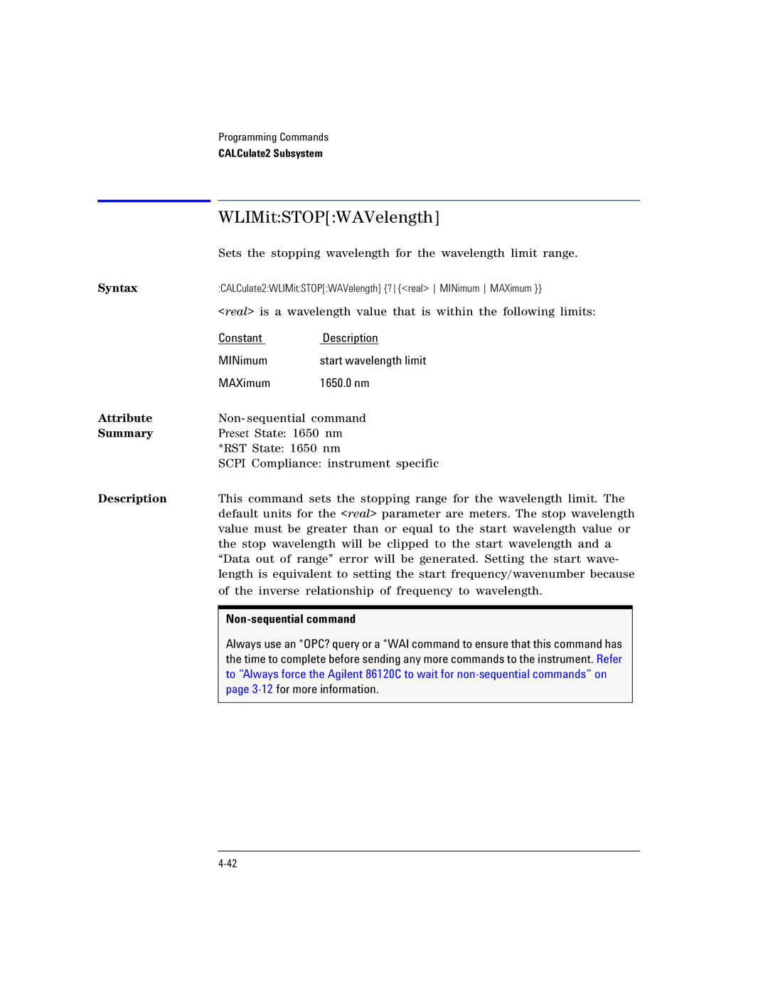 Agilent Technologies Agilent 86120C manual WLIMitSTOPWAVelength 