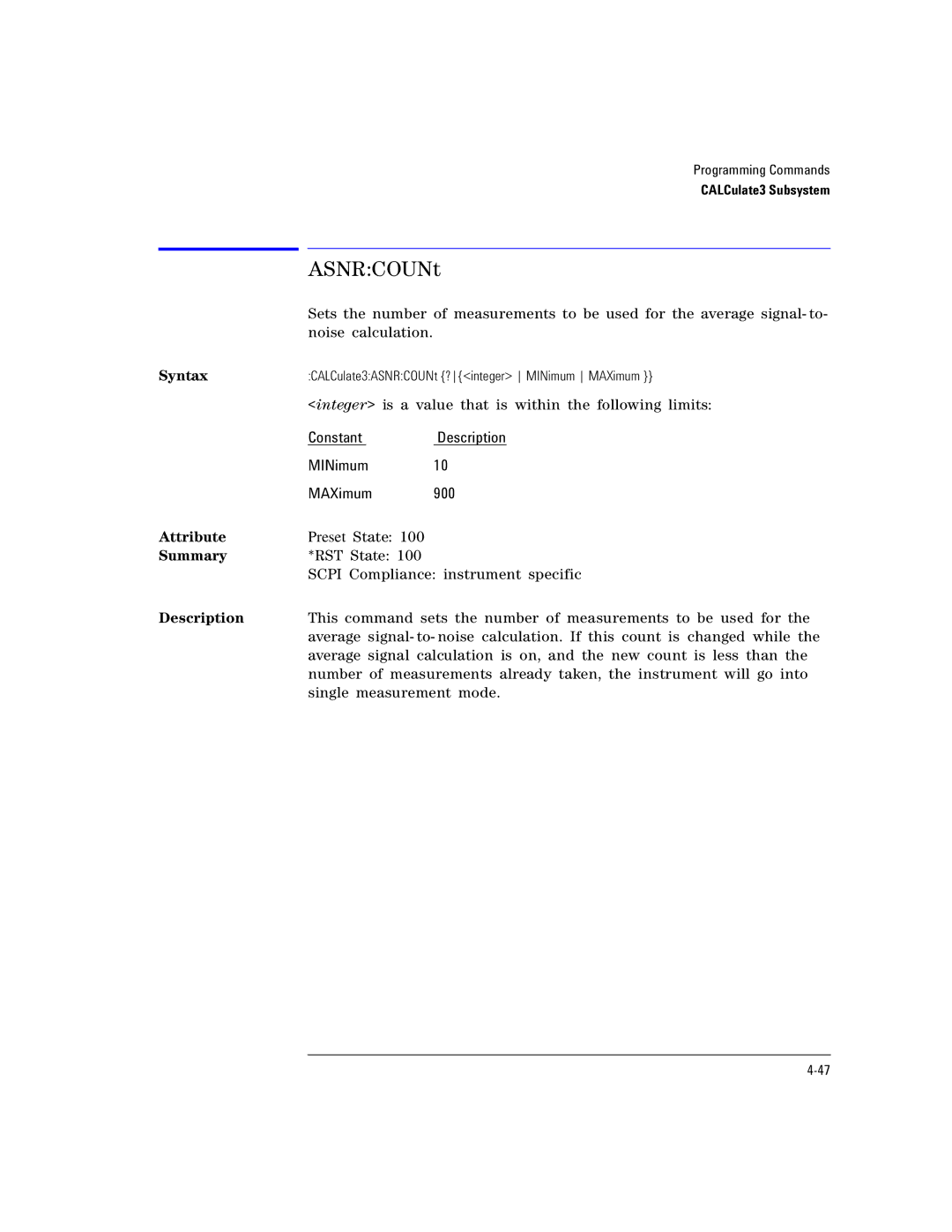 Agilent Technologies Agilent 86120C manual ASNRCOUNt, Constant Description MINimum MAXimum 900 