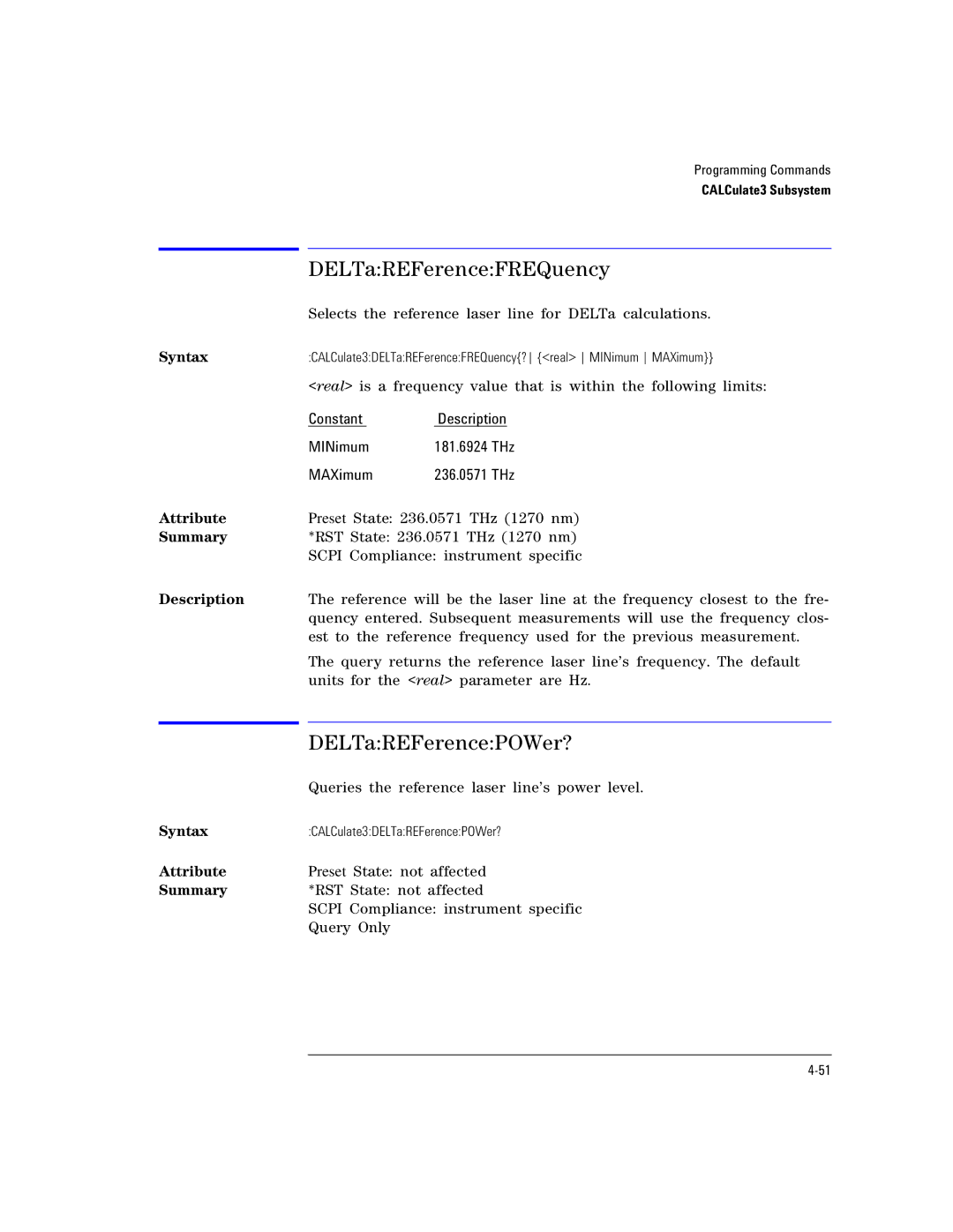 Agilent Technologies Agilent 86120C manual DELTaREFerenceFREQuency, DELTaREFerencePOWer?, Constant 