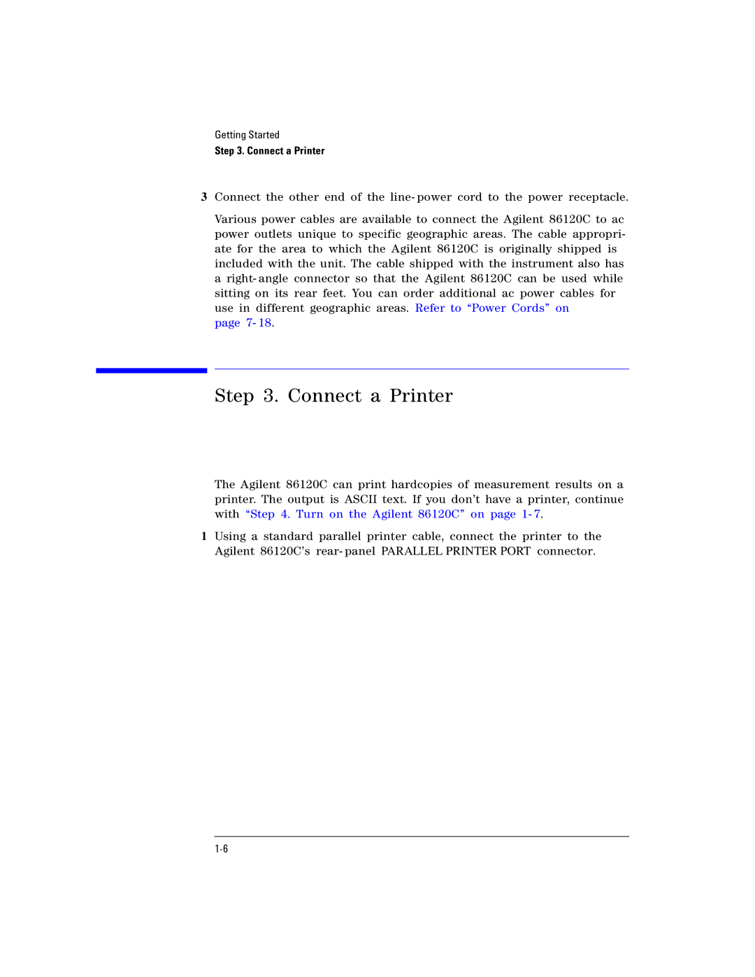 Agilent Technologies Agilent 86120C manual Connect a Printer 