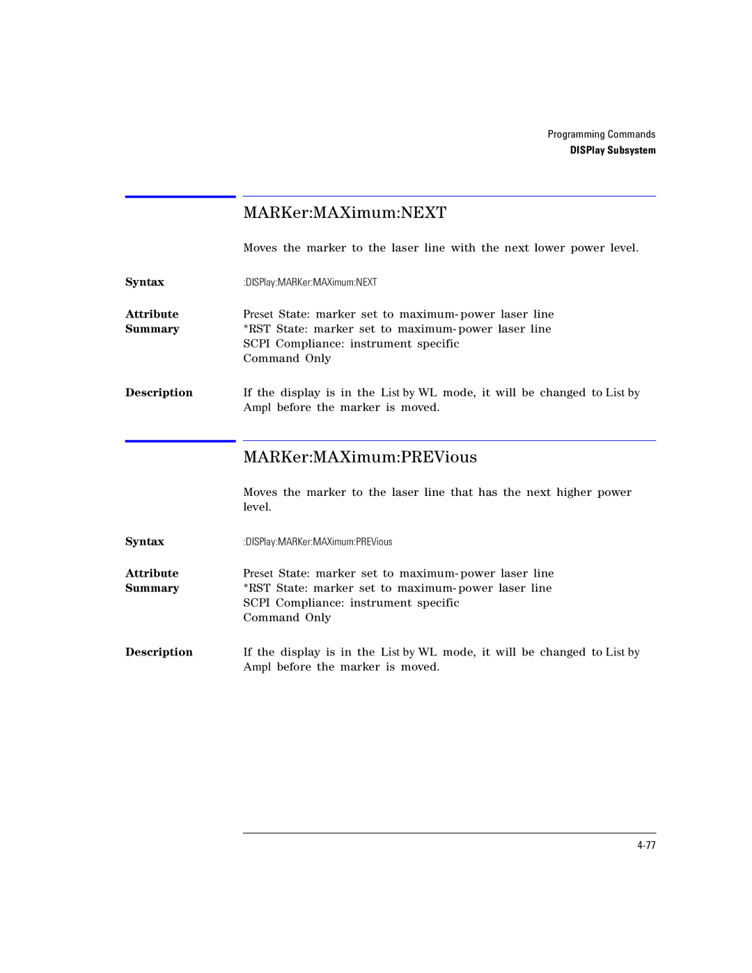 Agilent Technologies Agilent 86120C manual MARKerMAXimumNEXT, MARKerMAXimumPREVious 