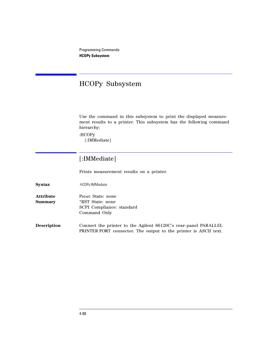Agilent Technologies Agilent 86120C manual HCOPy Subsystem, IMMediate 
