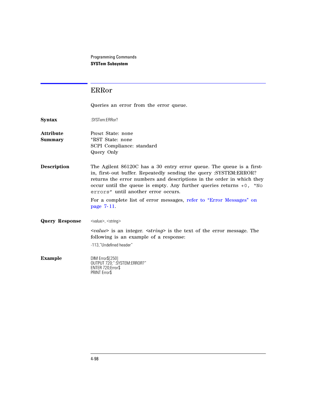 Agilent Technologies Agilent 86120C manual ERRor 