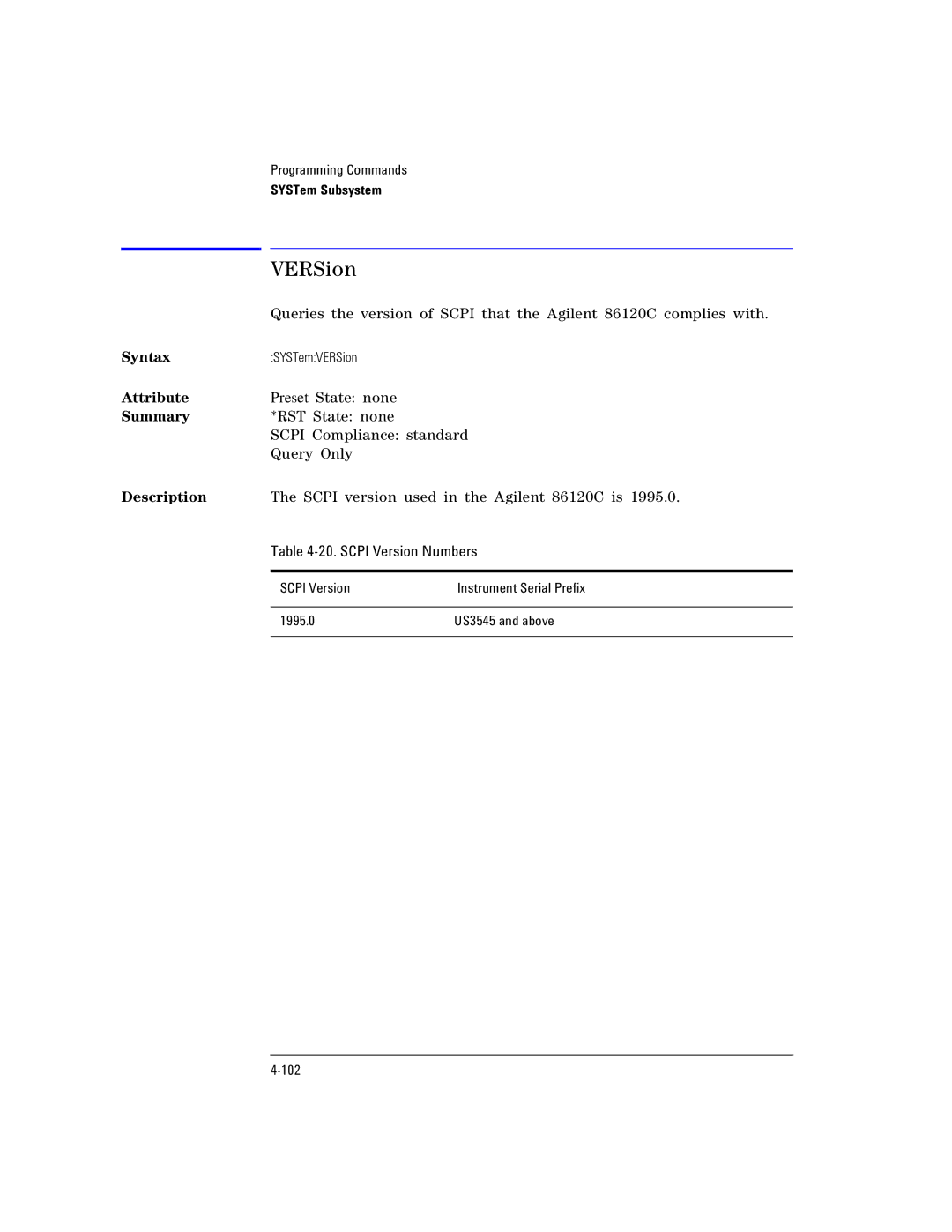 Agilent Technologies Agilent 86120C manual VERSion, Scpi Version Numbers 