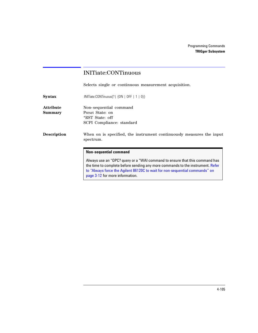 Agilent Technologies Agilent 86120C manual INITiateCONTinuous, Non-sequential command 