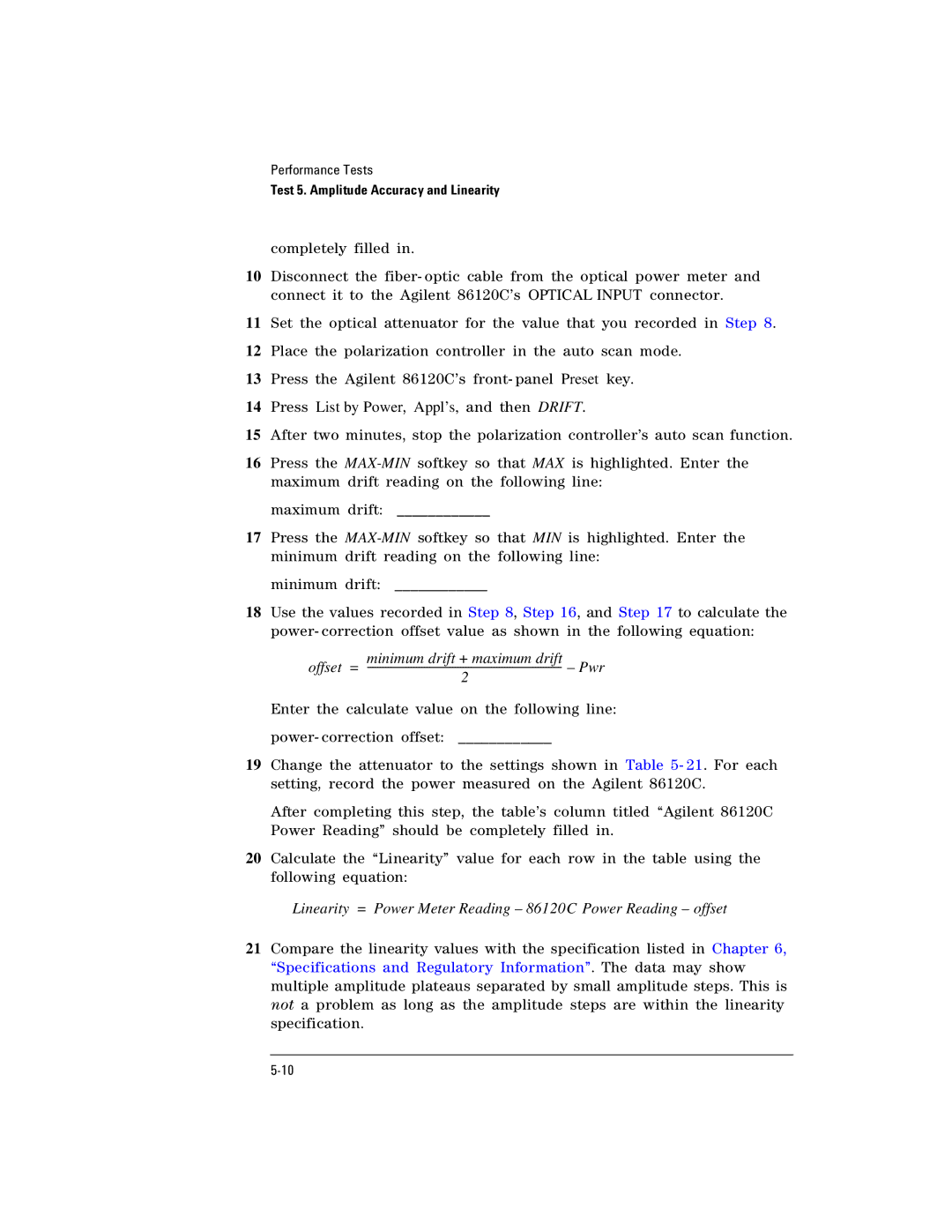 Agilent Technologies Agilent 86120C manual Linearity = Power Meter Reading 86120C Power Reading offset 