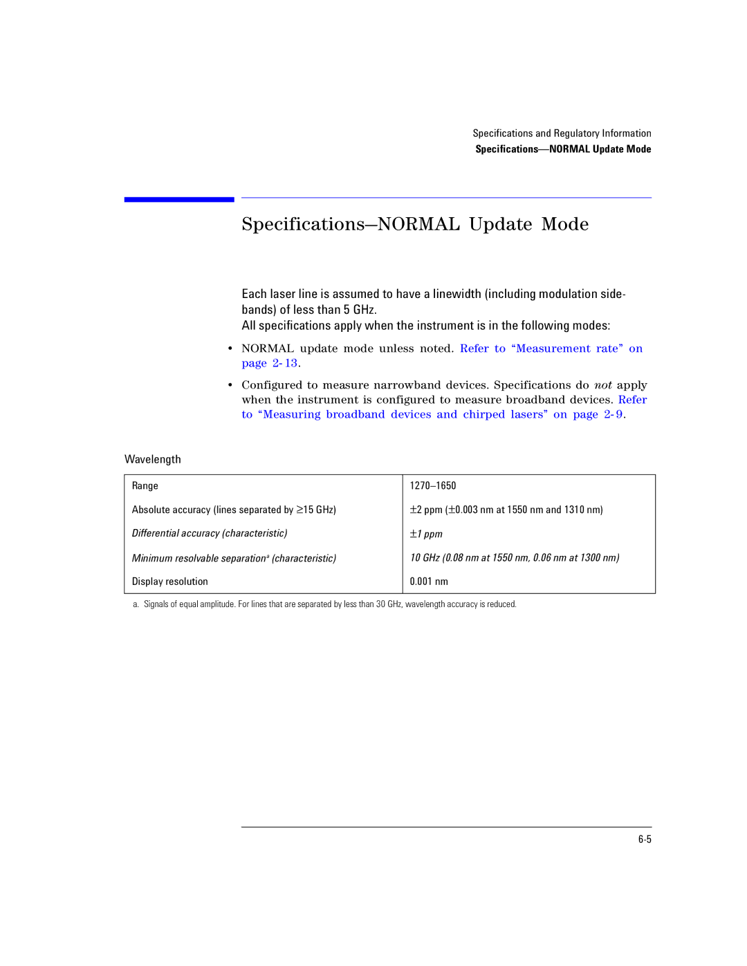 Agilent Technologies Agilent 86120C manual Specifications-NORMAL Update Mode, Display resolution 001 nm 