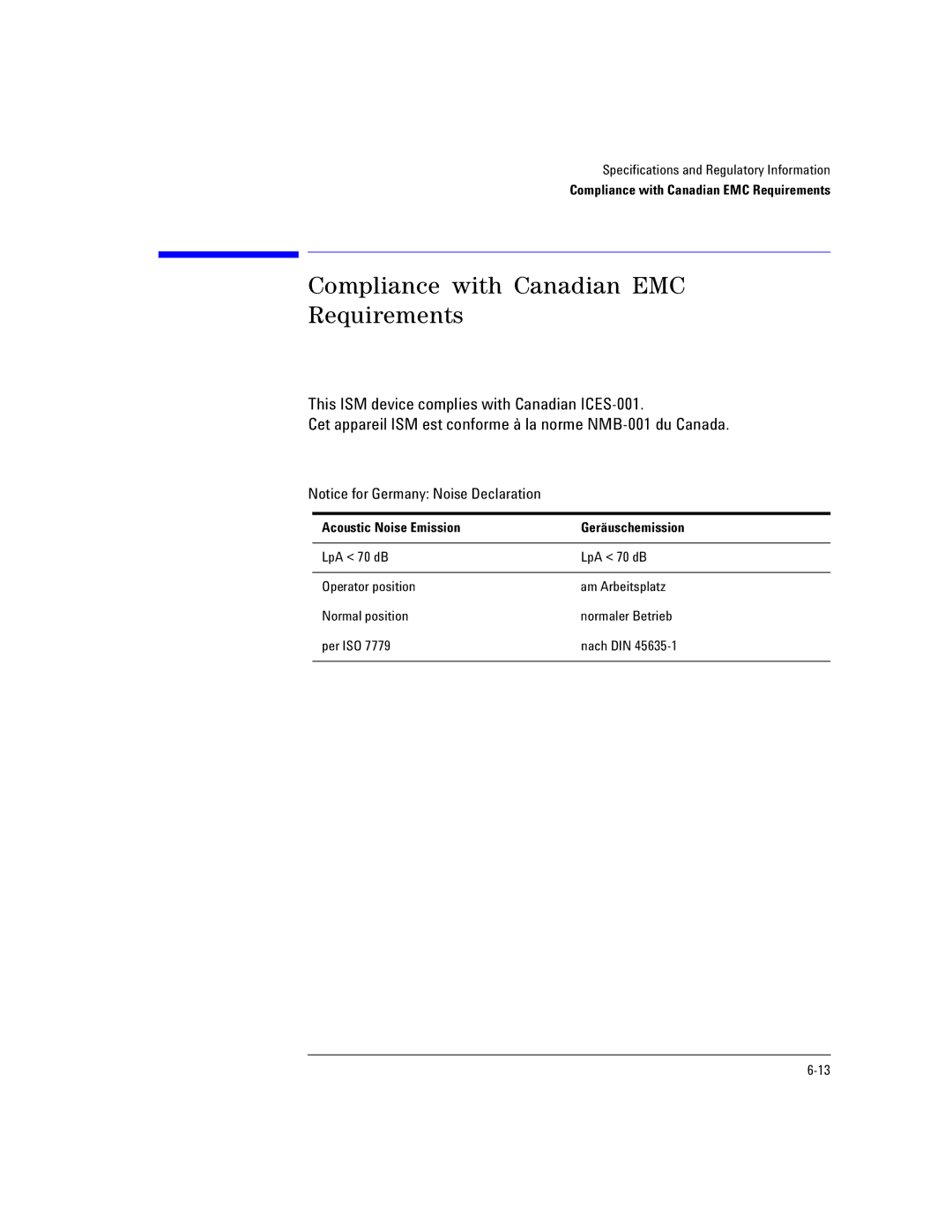 Agilent Technologies Agilent 86120C Compliance with Canadian EMC Requirements, Acoustic Noise Emission Geräuschemission 