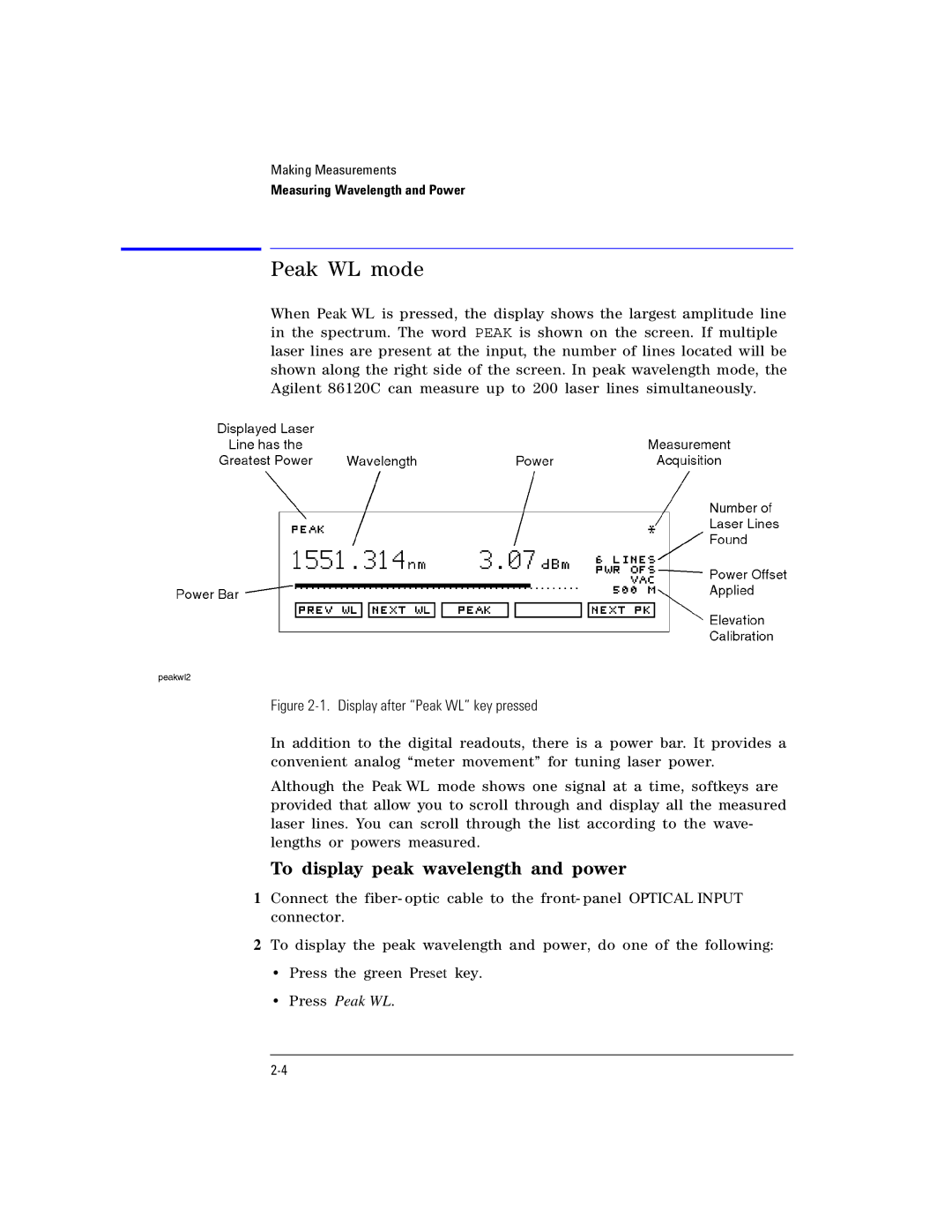 Agilent Technologies Agilent 86120C manual Peak WL mode, To display peak wavelength and power 