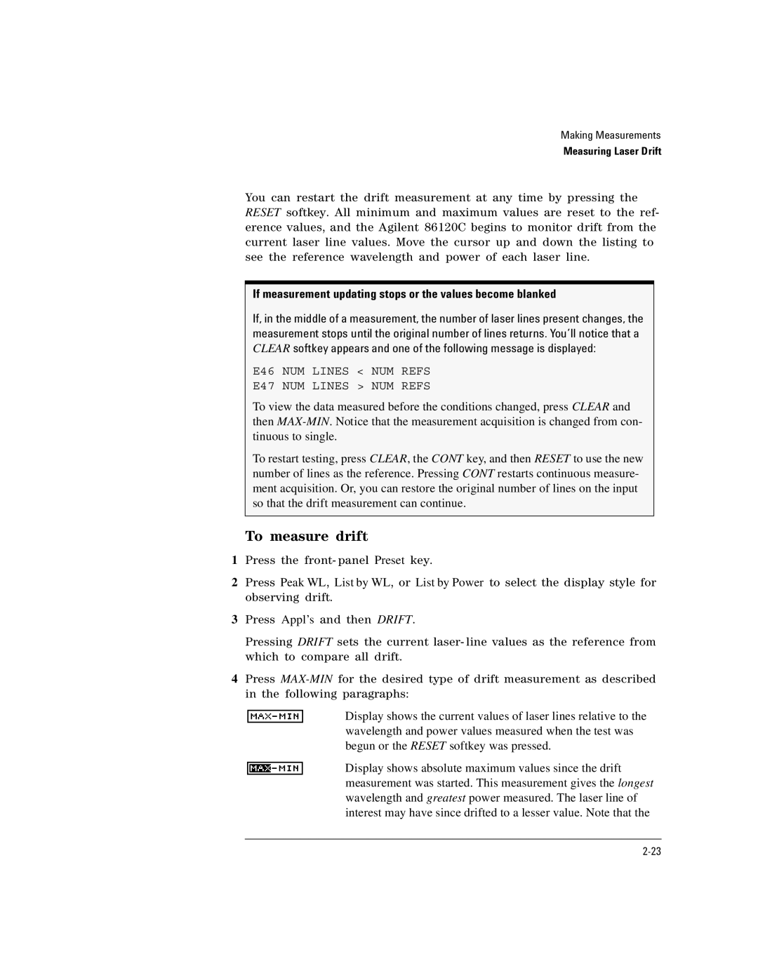 Agilent Technologies Agilent 86120C manual To measure drift, If measurement updating stops or the values become blanked 