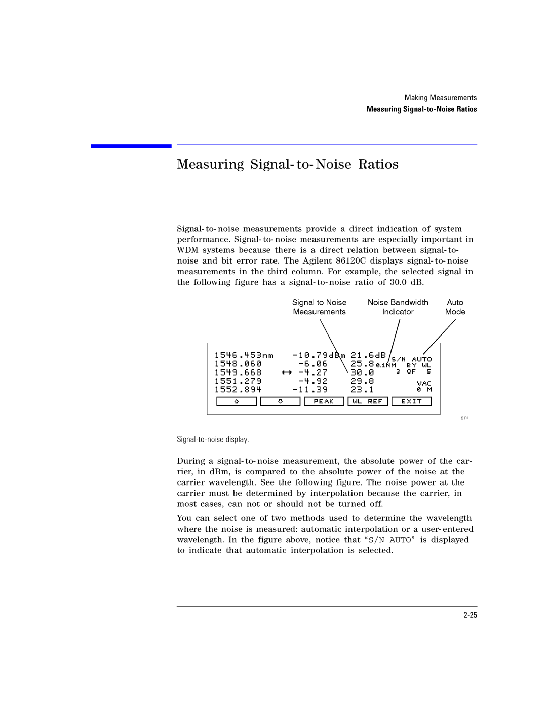 Agilent Technologies Agilent 86120C manual Measuring Signal- to- Noise Ratios, Signal-to-noise display 