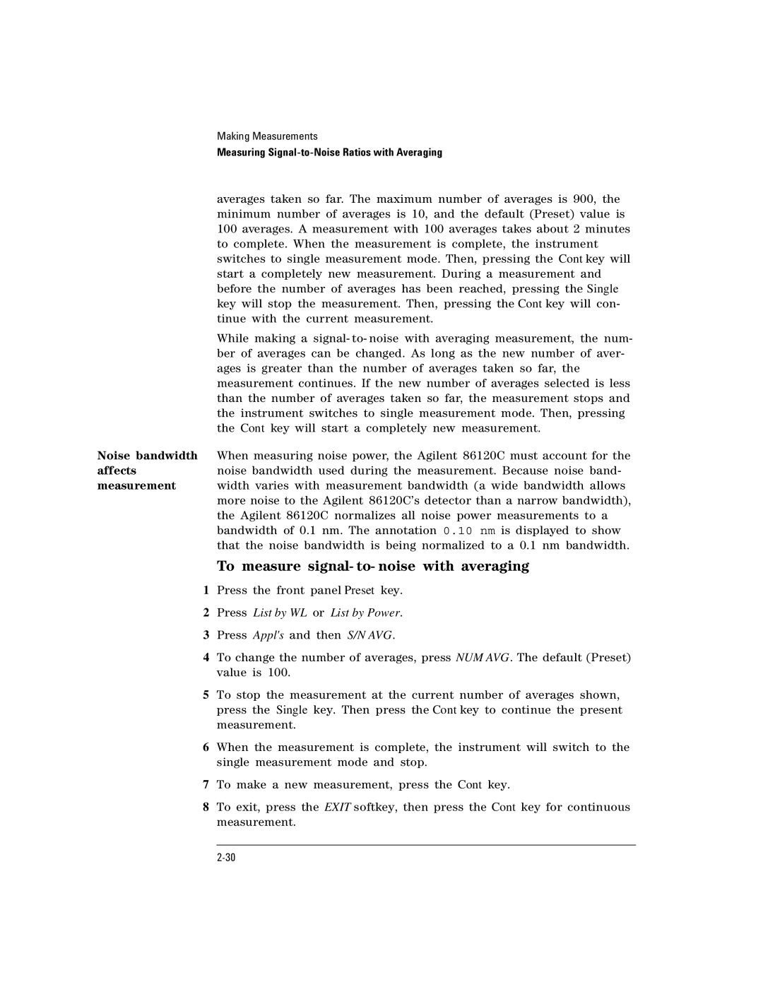 Agilent Technologies Agilent 86120C manual To measure signal- to- noise with averaging, Press List by WL or List by Power 