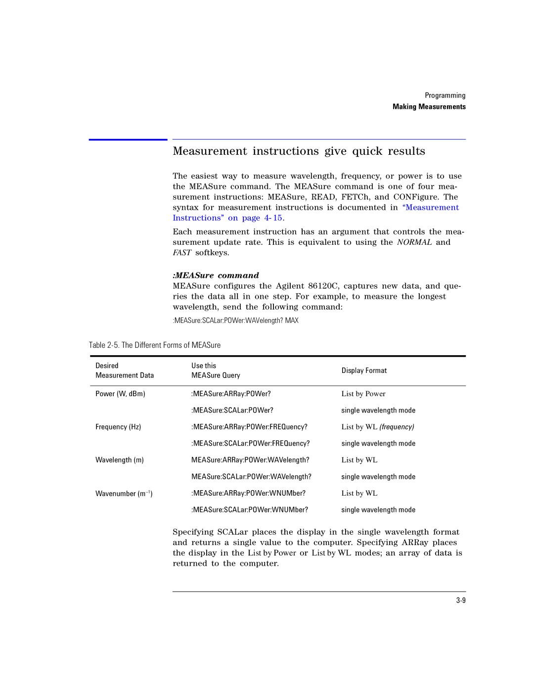 Agilent Technologies Agilent 86120C manual Measurement instructions give quick results, MEASure command 