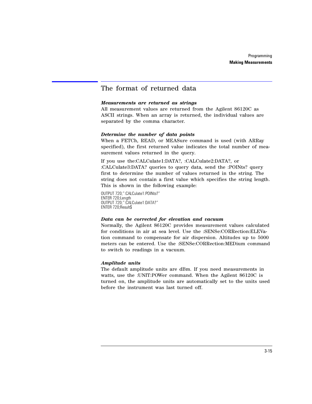 Agilent Technologies Agilent 86120C manual Format of returned data, Measurements are returned as strings, Amplitude units 