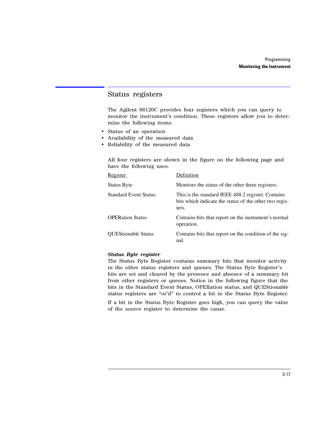 Agilent Technologies Agilent 86120C manual Status registers, Status Byte register 