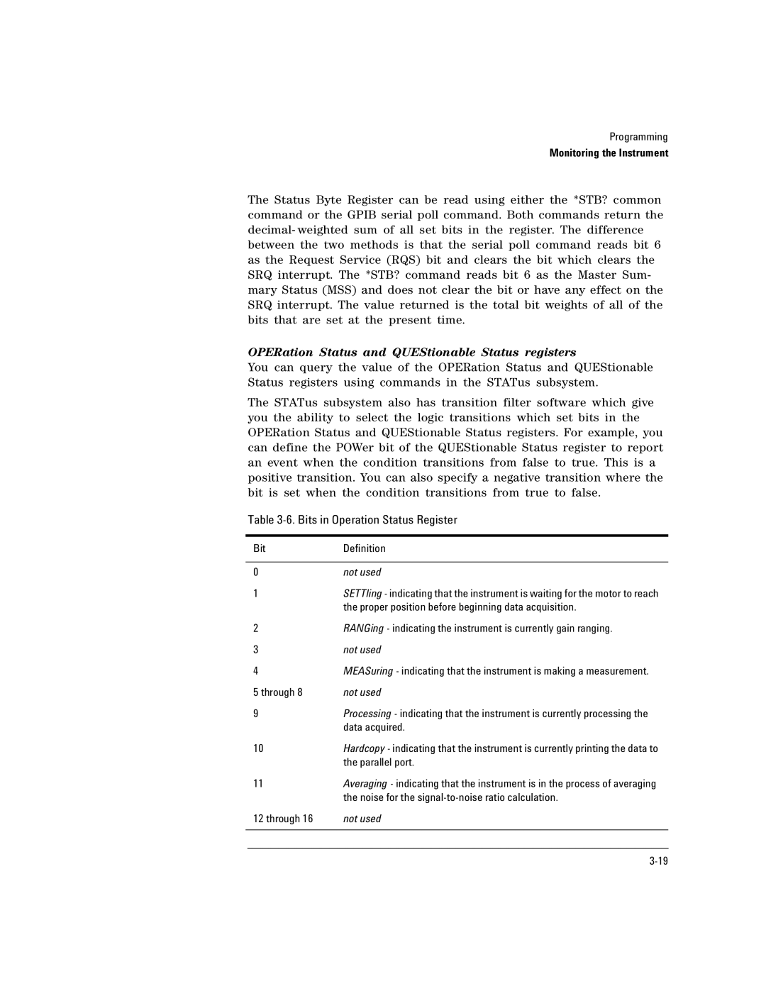 Agilent Technologies Agilent 86120C OPERation Status and QUEStionable Status registers, Bits in Operation Status Register 