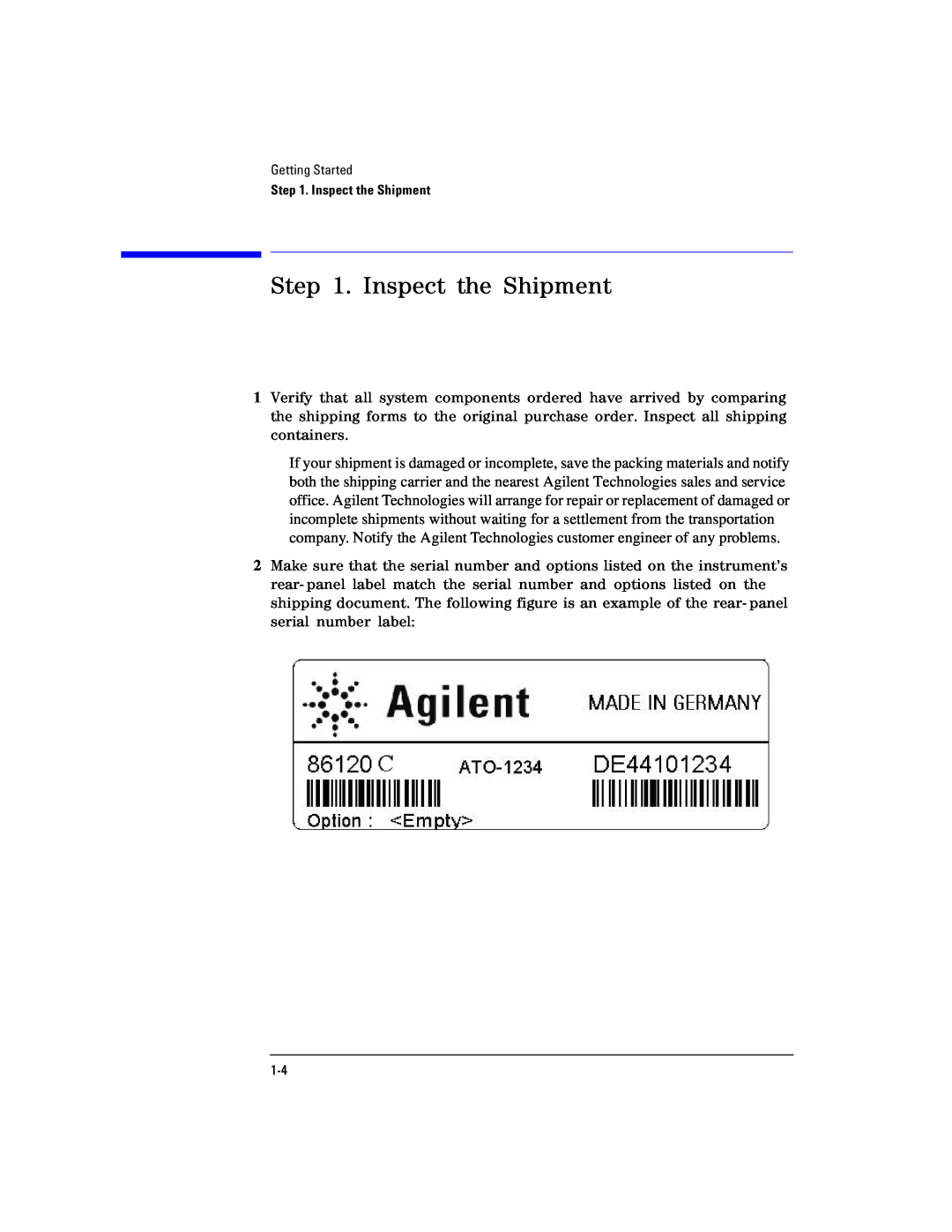 Agilent Technologies Agilent 86120C manual Inspect the Shipment 