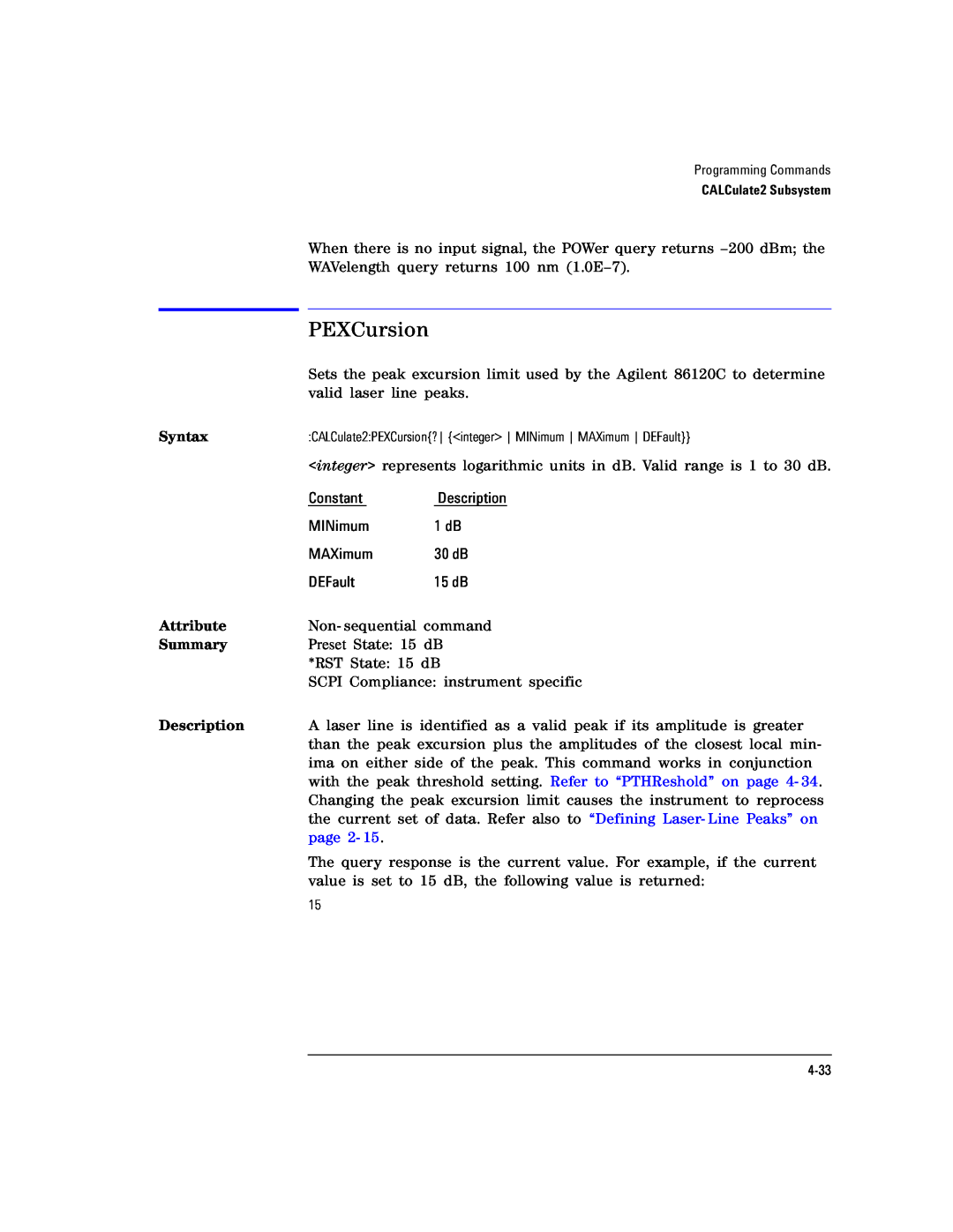 Agilent Technologies Agilent 86120C manual PEXCursion, Syntax, Attribute, Summary, Description, page 2 
