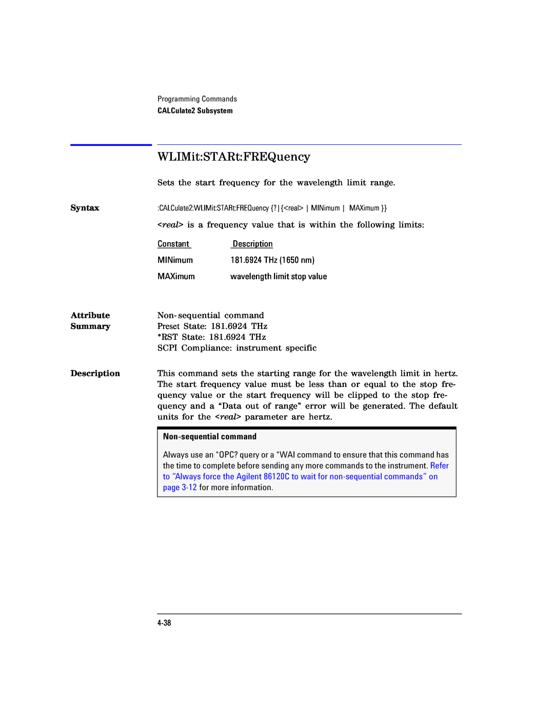 Agilent Technologies Agilent 86120C manual WLIMitSTARtFREQuency, Non-sequential command 