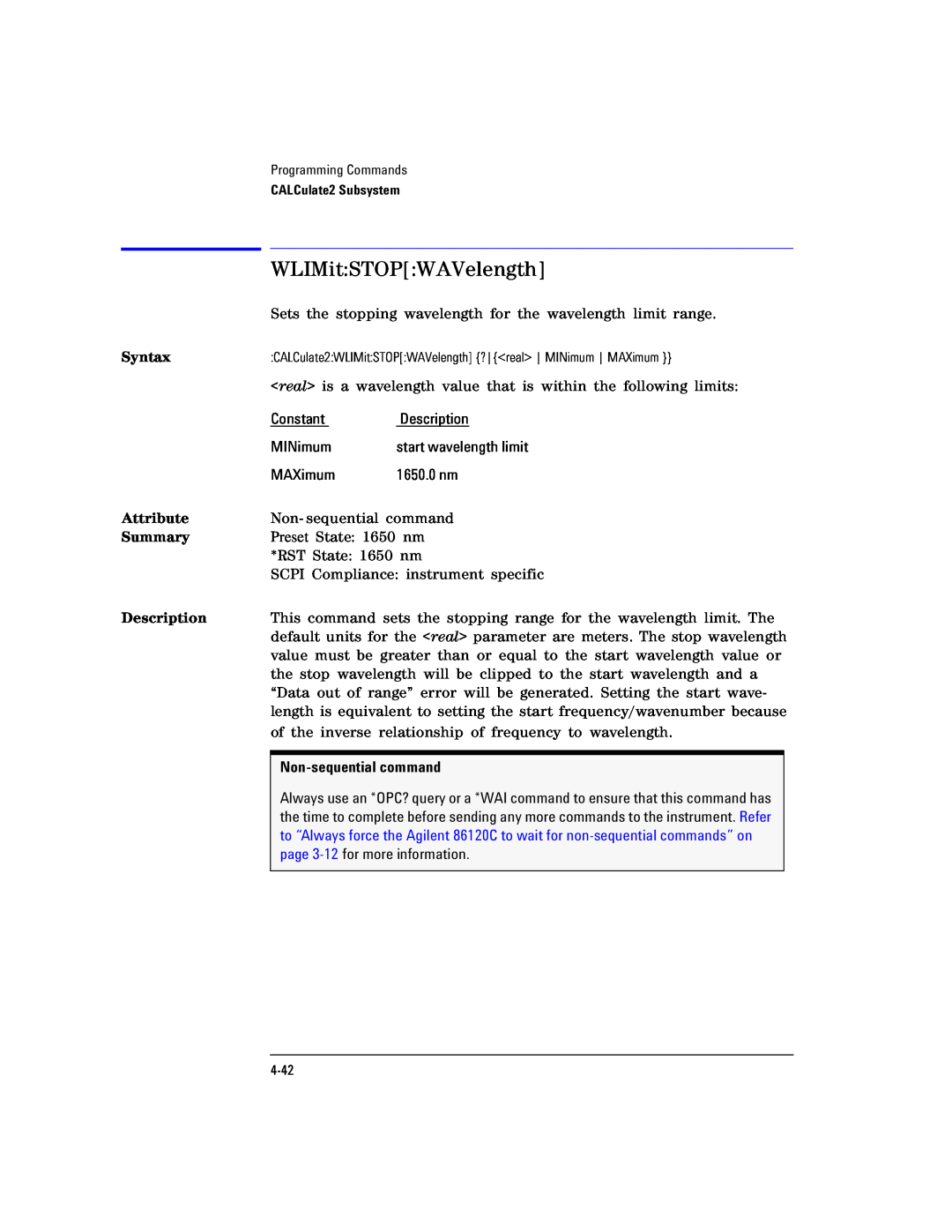 Agilent Technologies Agilent 86120C WLIMitSTOPWAVelength, Syntax, Attribute, Summary, Description, Non-sequential command 