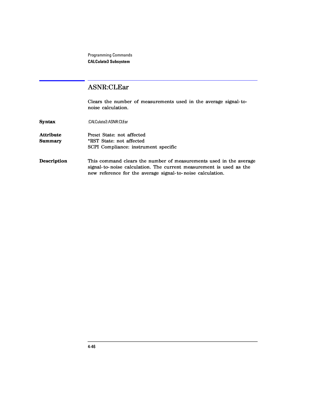 Agilent Technologies Agilent 86120C manual ASNRCLEar, Syntax, Attribute, Summary, Description 