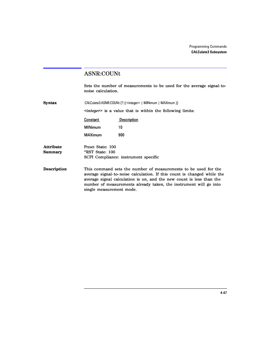 Agilent Technologies Agilent 86120C manual ASNRCOUNt, Syntax, Attribute, Summary, Description 