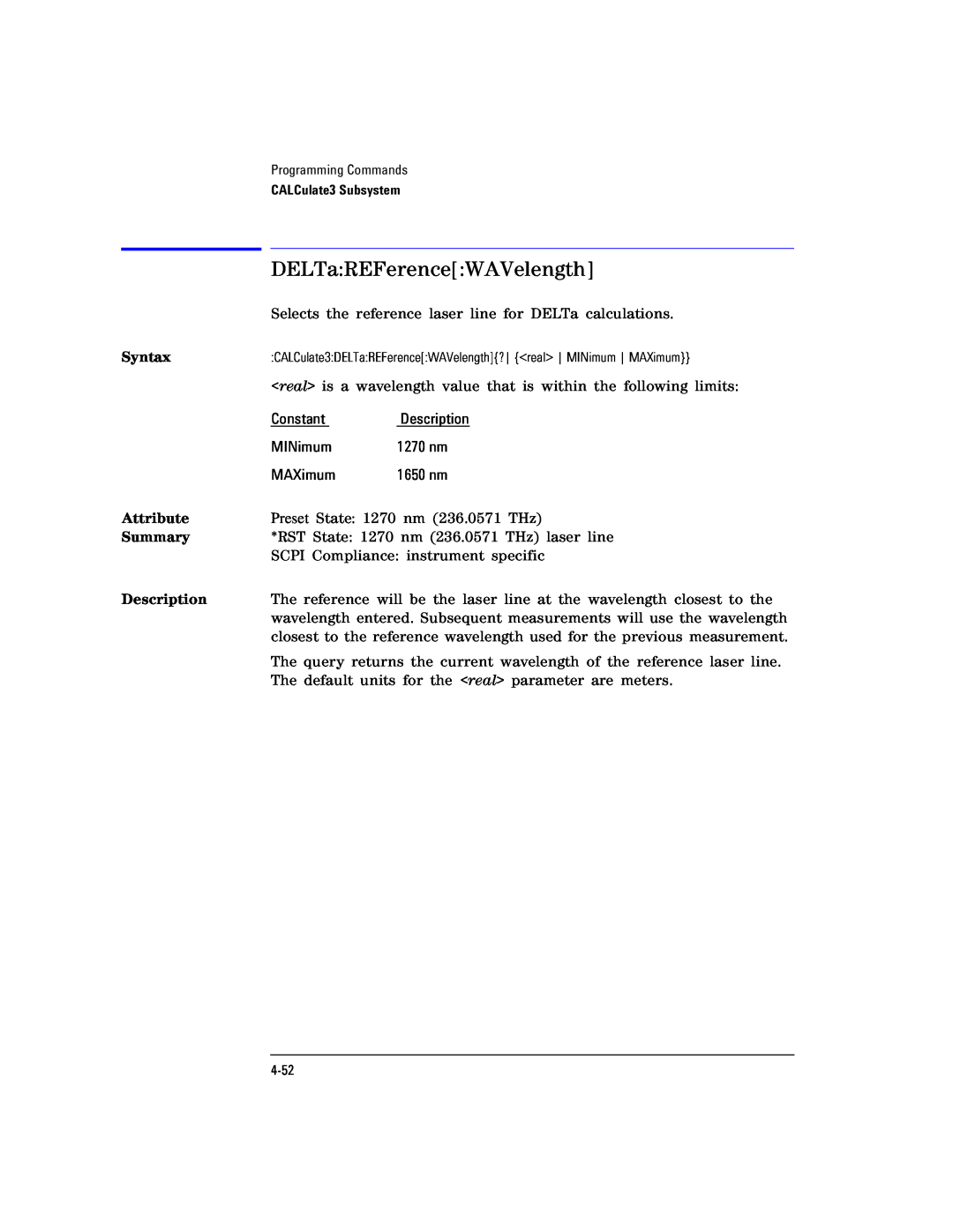 Agilent Technologies Agilent 86120C manual DELTaREFerenceWAVelength, Syntax, Attribute, Summary, Description 