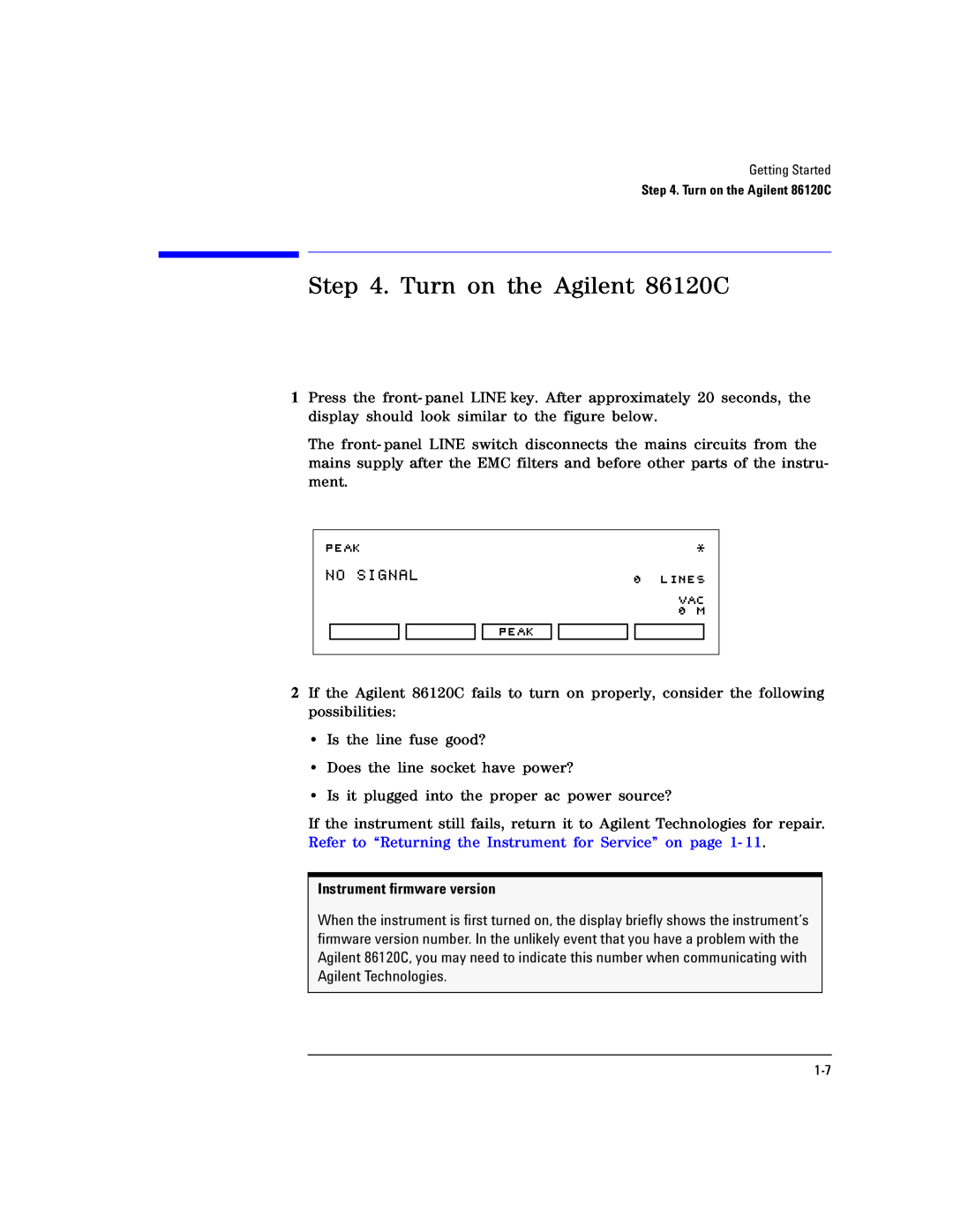 Agilent Technologies manual Turn on the Agilent 86120C, Instrument firmware version 