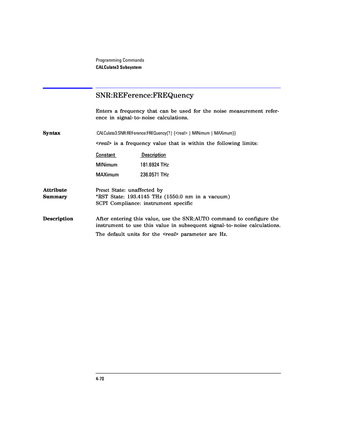 Agilent Technologies Agilent 86120C manual SNRREFerenceFREQuency, Syntax, Attribute, Summary, Description 