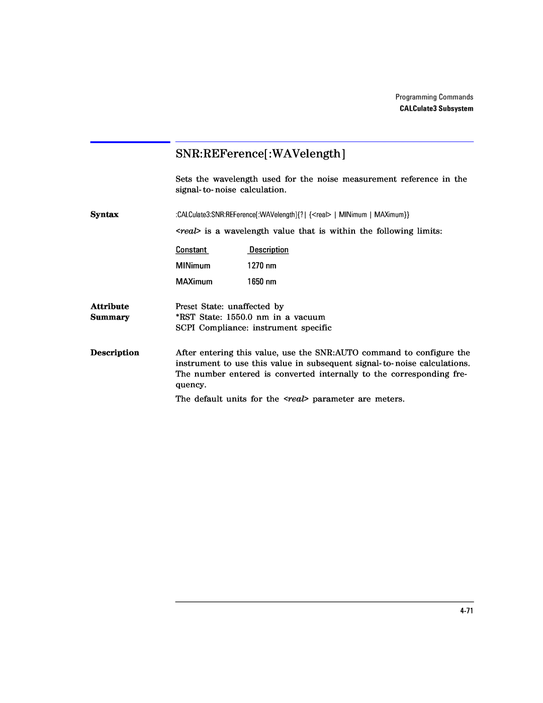 Agilent Technologies Agilent 86120C manual SNRREFerenceWAVelength, Syntax, Attribute, Summary, Description 