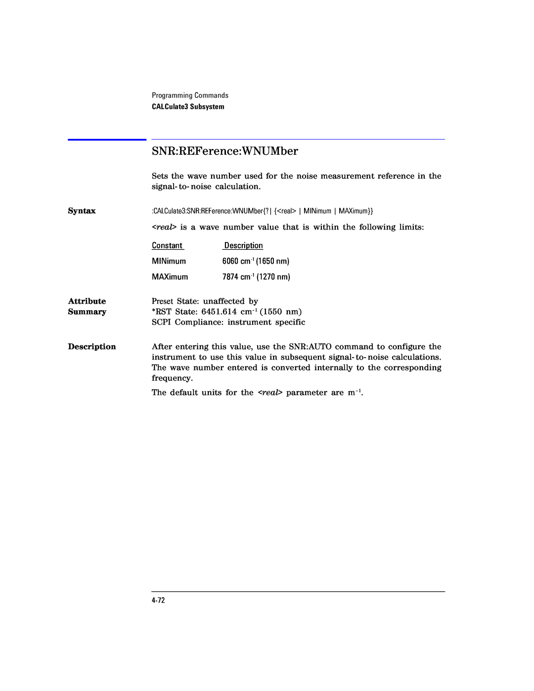 Agilent Technologies Agilent 86120C manual SNRREFerenceWNUMber, Syntax, Attribute, Summary, Description 