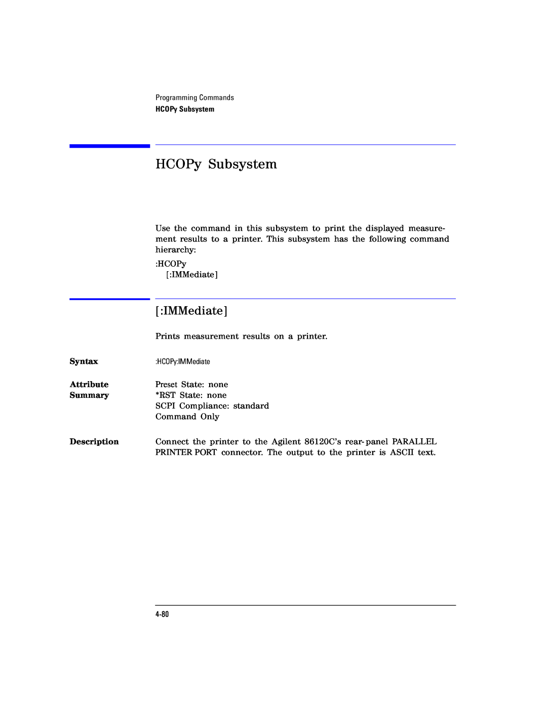 Agilent Technologies Agilent 86120C manual HCOPy Subsystem, IMMediate 