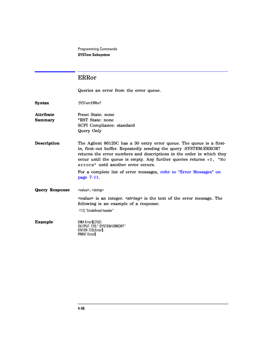 Agilent Technologies Agilent 86120C manual ERRor, Syntax, Attribute, Summary, Description, page 7, Query Response, Example 