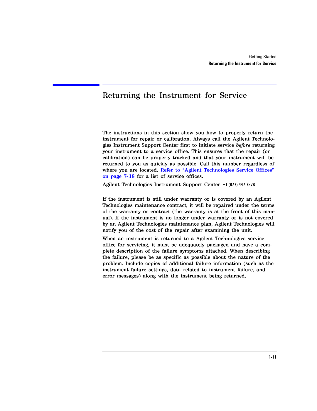 Agilent Technologies Agilent 86120C manual Returning the Instrument for Service 
