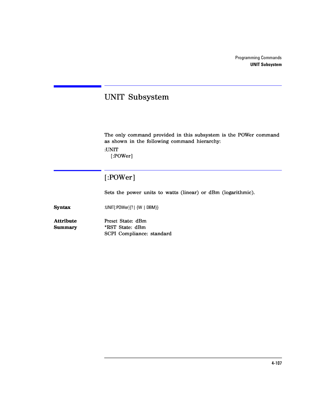 Agilent Technologies Agilent 86120C manual UNIT Subsystem, POWer 