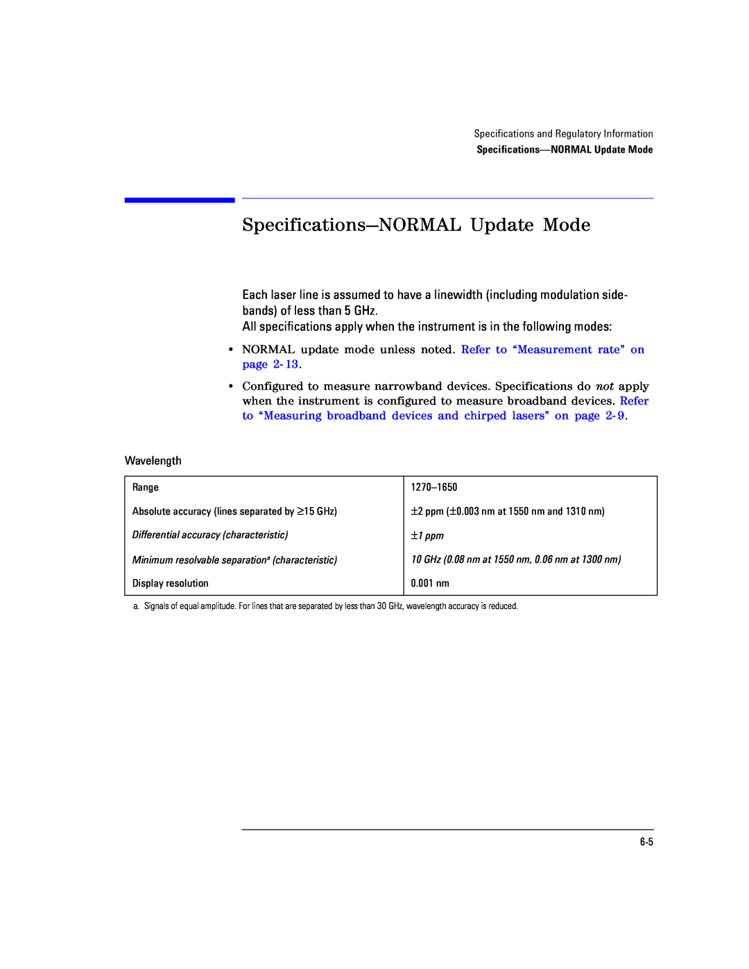 Agilent Technologies Agilent 86120C manual Specifications-NORMAL Update Mode, Wavelength 