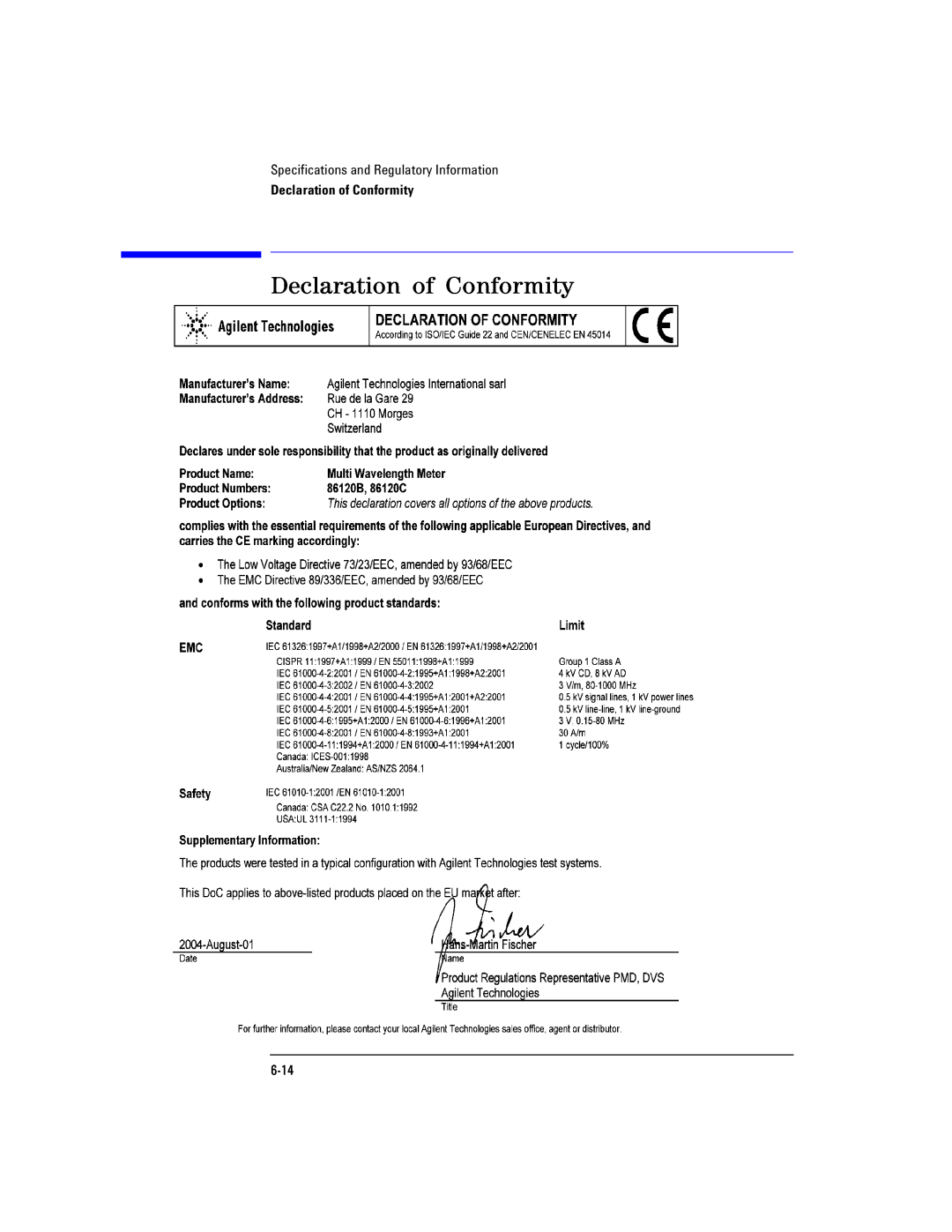Agilent Technologies Agilent 86120C manual Declaration of Conformity 