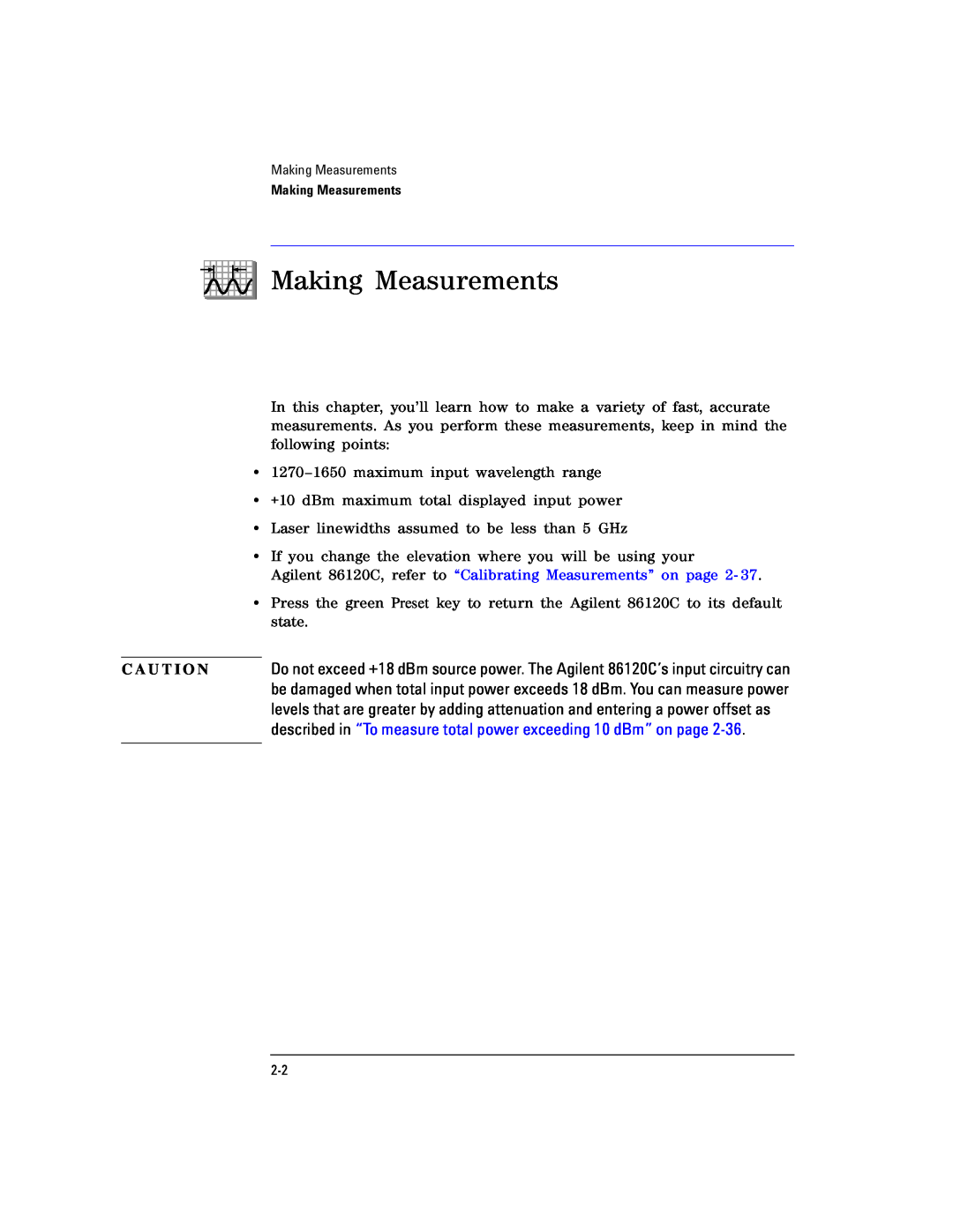 Agilent Technologies manual Making Measurements, Agilent 86120C, refer to “Calibrating Measurements” on page 2 