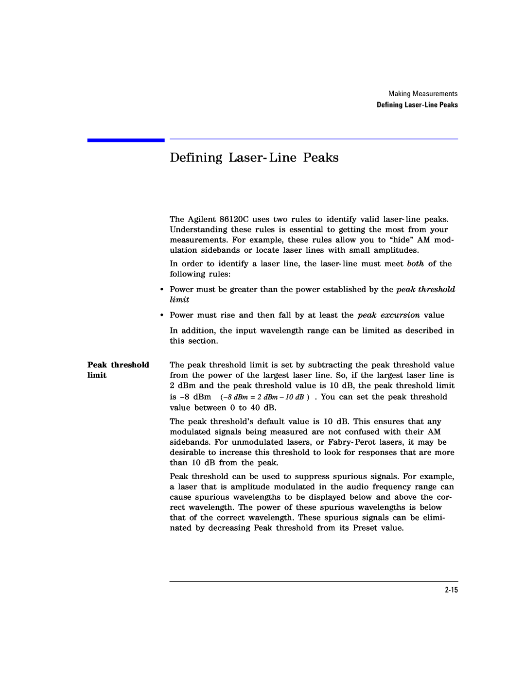 Agilent Technologies Agilent 86120C manual Defining Laser- Line Peaks 
