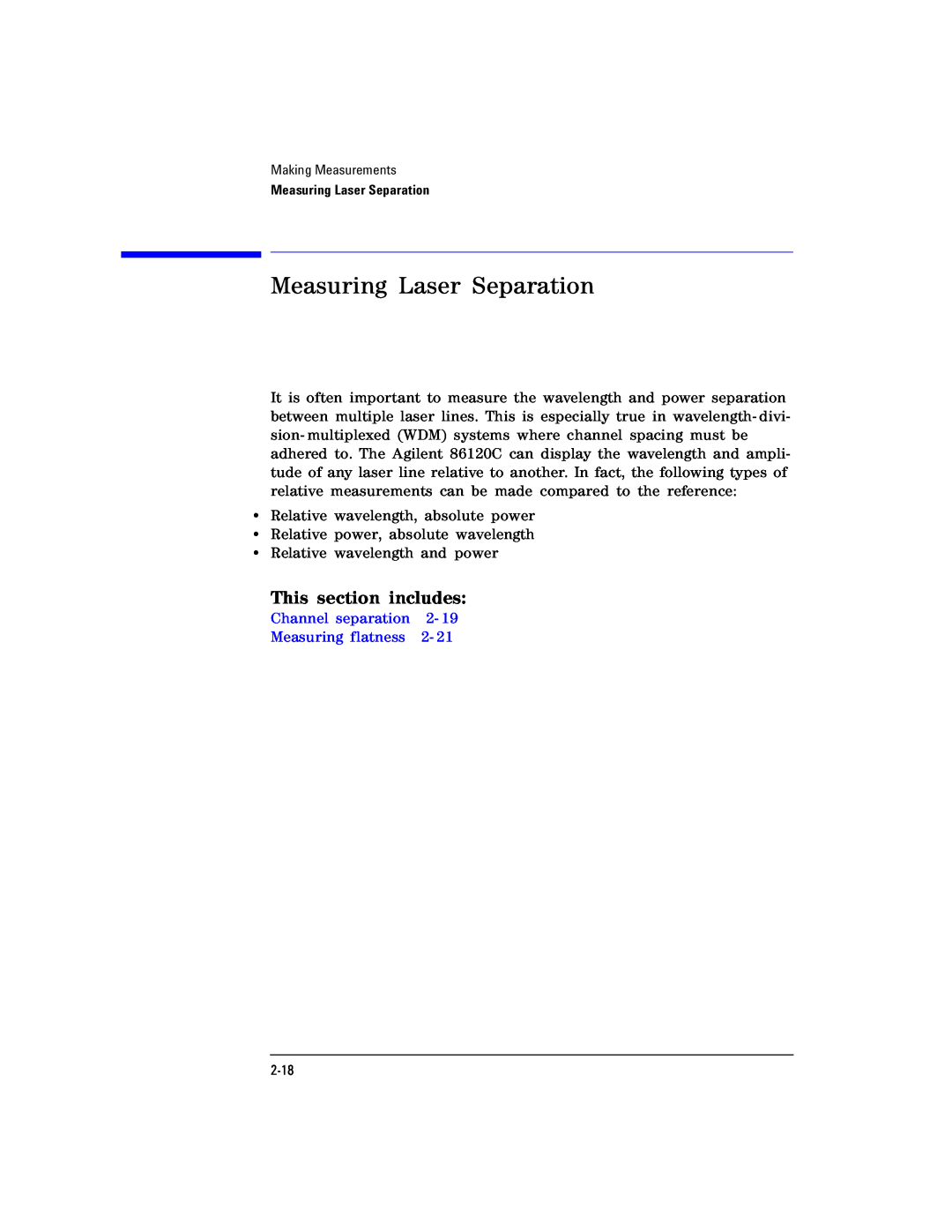 Agilent Technologies Agilent 86120C manual Measuring Laser Separation, Channel separation 2 Measuring flatness 2 