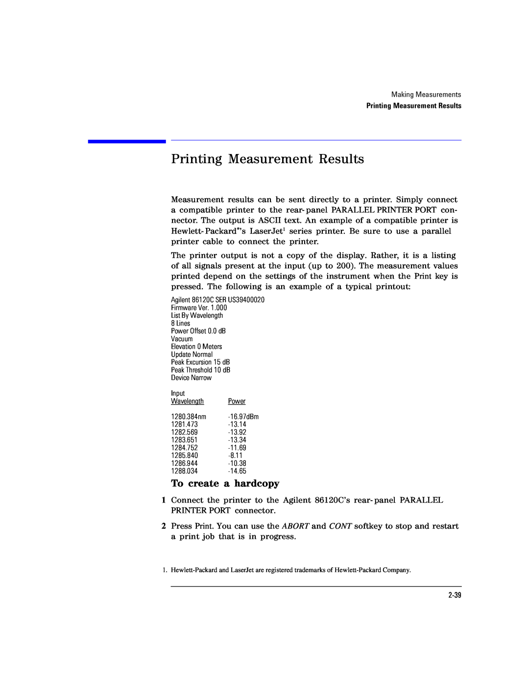 Agilent Technologies Agilent 86120C manual Printing Measurement Results, To create a hardcopy 
