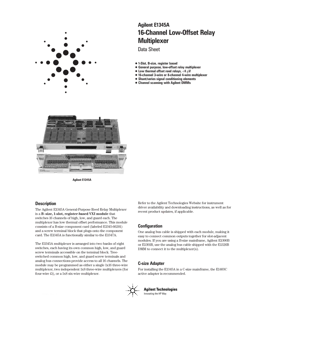 Agilent Technologies Agilent E1345A manual Description, Configuration, Size Adapter 