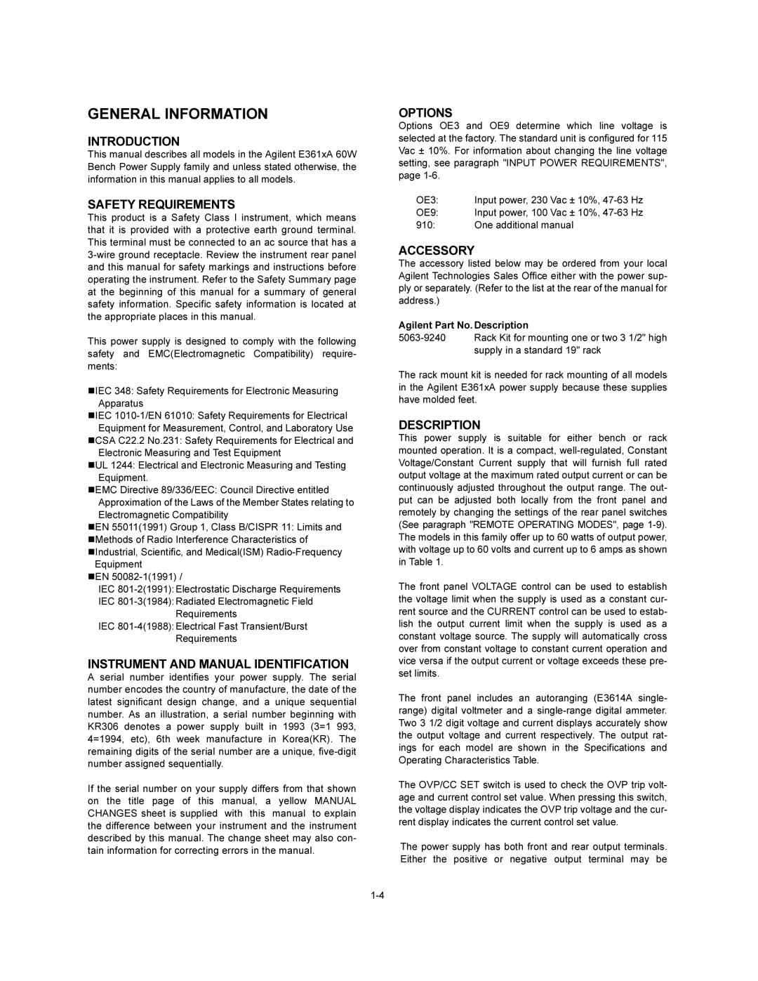 Agilent Technologies Agilent E3616A Serials KR83502651, Agilent E3615A Serials KR83506197 service manual General Information 