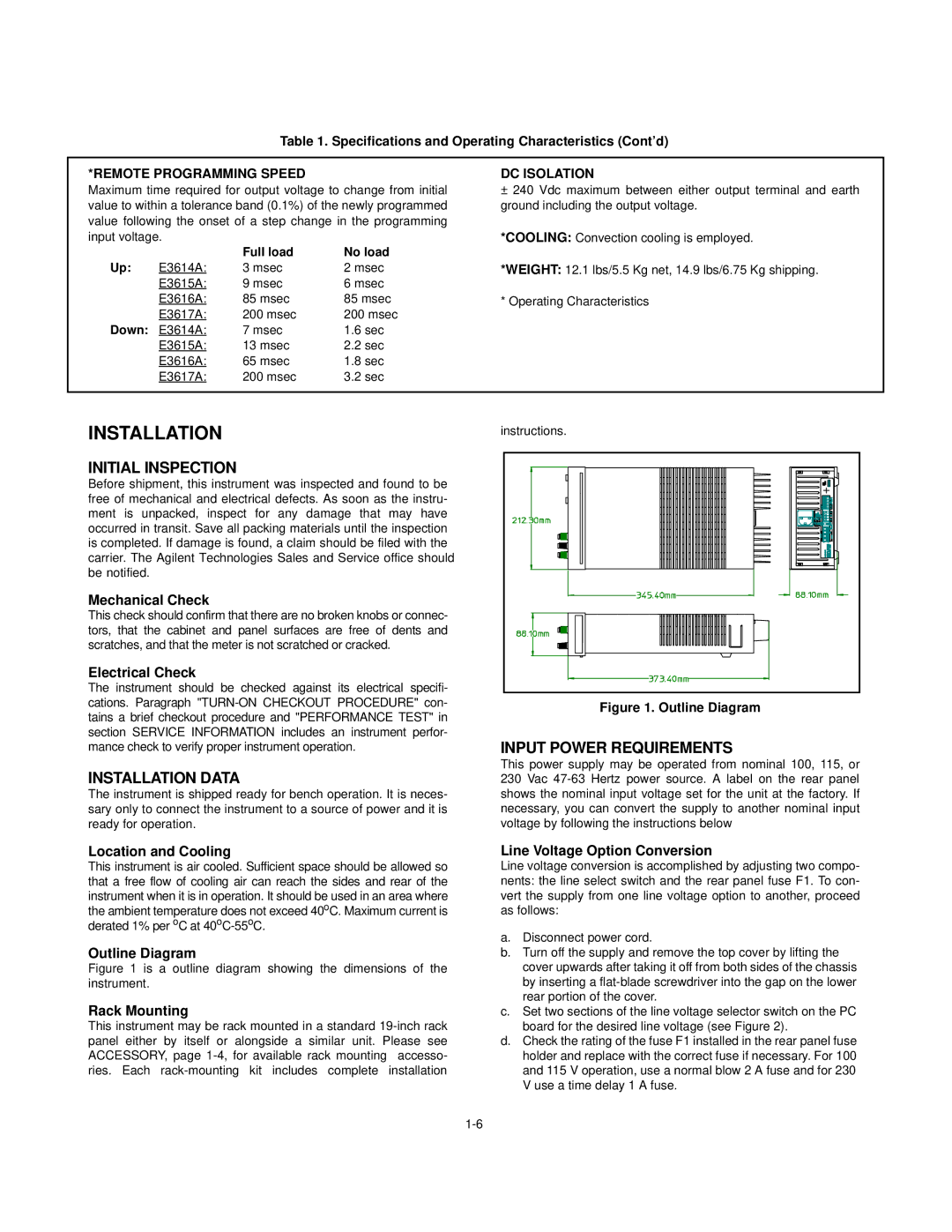 Agilent Technologies Agilent E3617A Serials KR83502522 Initial Inspection, Installation Data, Input Power Requirements 