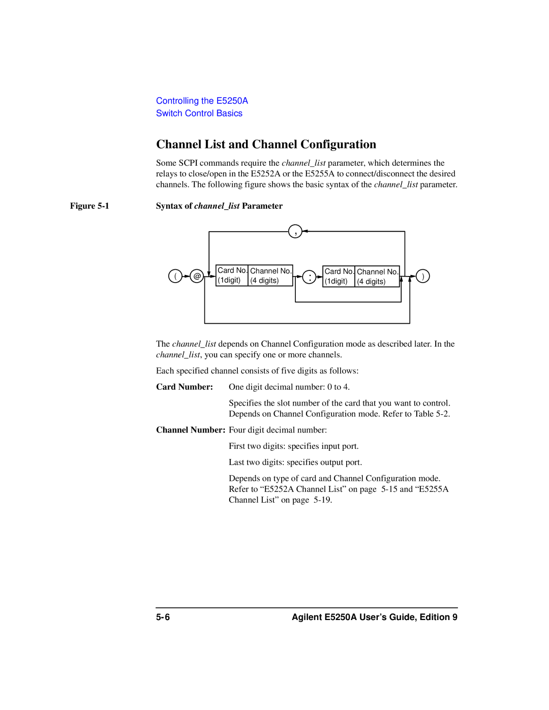 Agilent Technologies Agilent E5250A manual Channel List and Channel Configuration, Syntax of channellist Parameter 