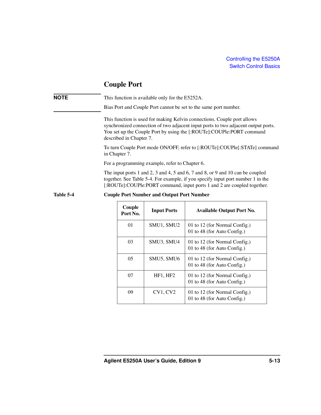 Agilent Technologies Agilent E5250A manual Couple Port Number and Output Port Number 